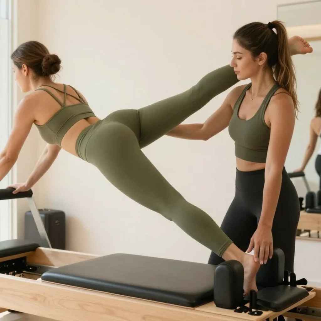 Pessoa praticando Pilates em estúdio enquanto trabalha força, mobilidade e consciência corporal no Ô Pilates, em São Paulo.