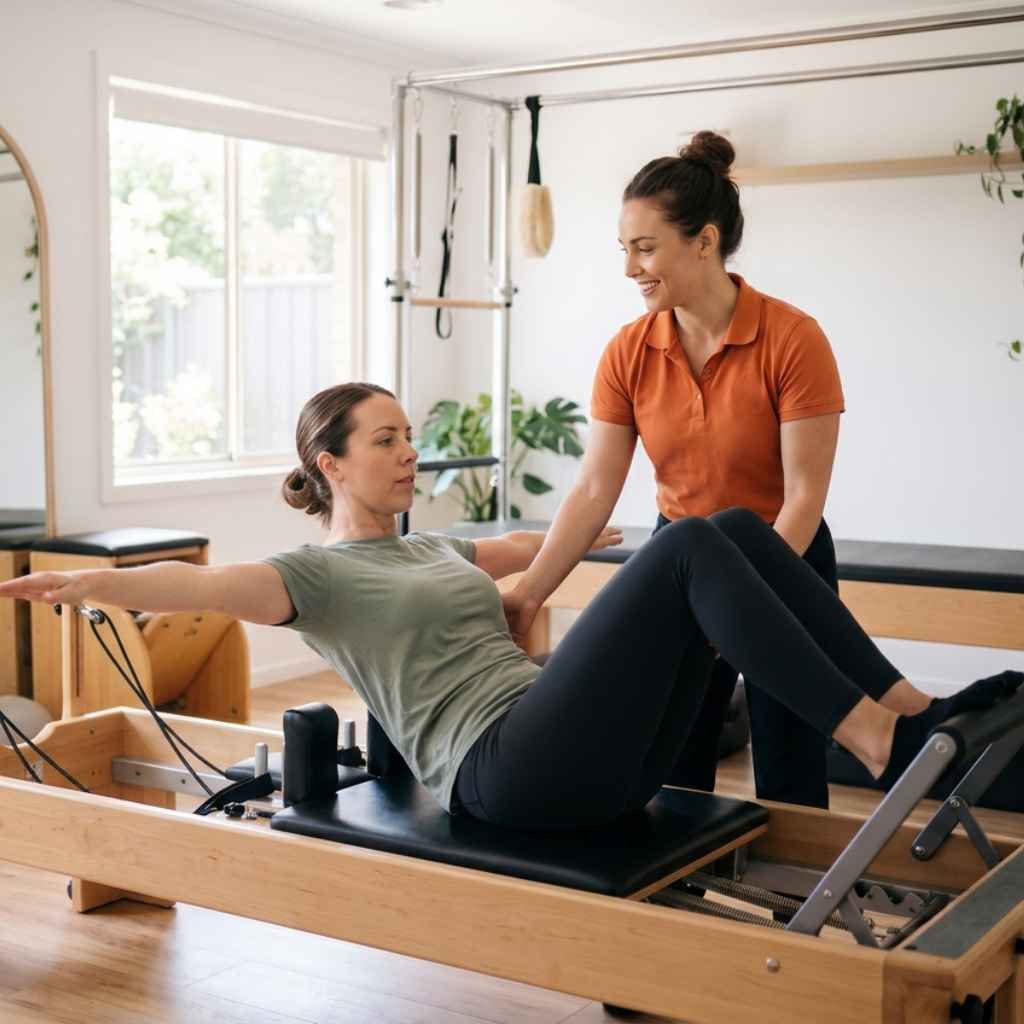 Pessoa praticando Pilates em estúdio enquanto trabalha a respiração, o controle do tronco e a estabilidade do core no Ô Pilates, em São Paulo.